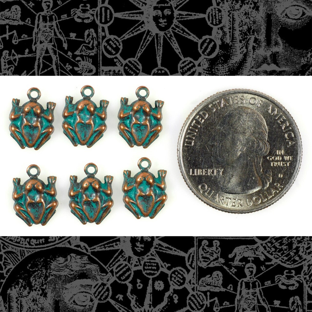 Verdigris Finished Brass Mini Frog Charms - Set of Six - V-C111